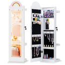 White kids lighted rainbow jewellery cabinet with clothes rack shown open and closed as two views of one cabinet