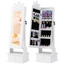 White kids lighted crown jewellery cabinet with tilting mirror and drawer shown open and closed as two views of one cabinet