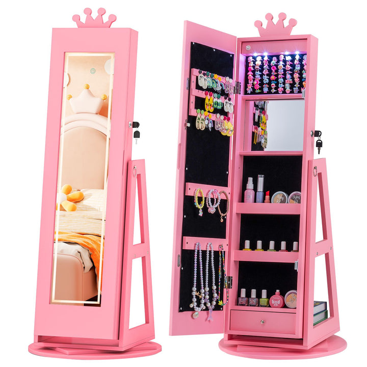 Pink kids swivel lighted jewellery cabinet with mirrors and rear shelves shown open and closed as two views of one cabinet
