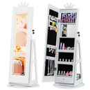 White kids swivel lighted jewellery cabinet with mirrors and rear shelves shown open and closed as two views of one cabinet
