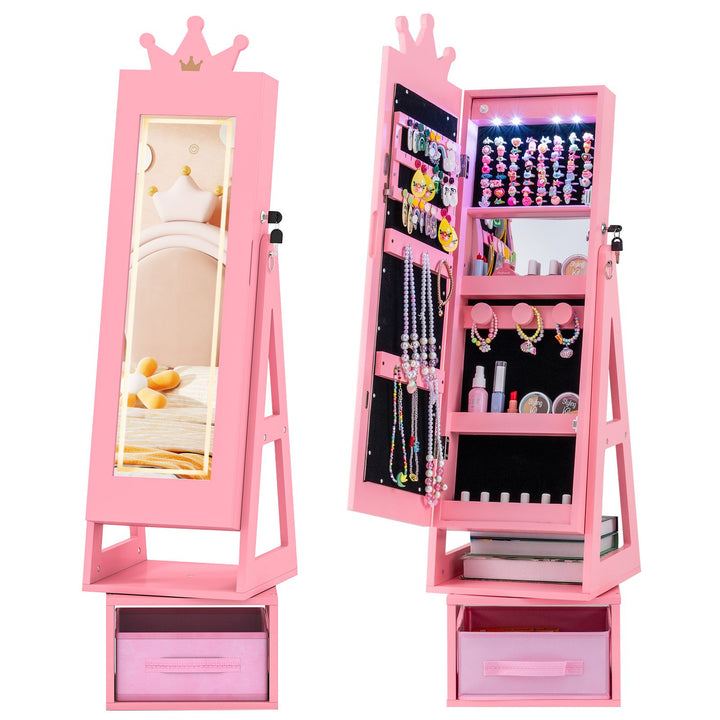 Pink crown-top swivel jewellery cabinet shown closed and open; two views of one cabinet with decorative props