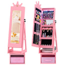 Pink crown-top swivel jewellery cabinet shown closed and open; two views of one cabinet with decorative props