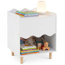 White bedside table with scalloped front and natural legs