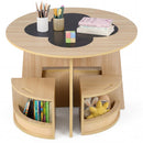 Natural round kids blackboard table with four nesting storage stools showing the tabletop and open storage compartments