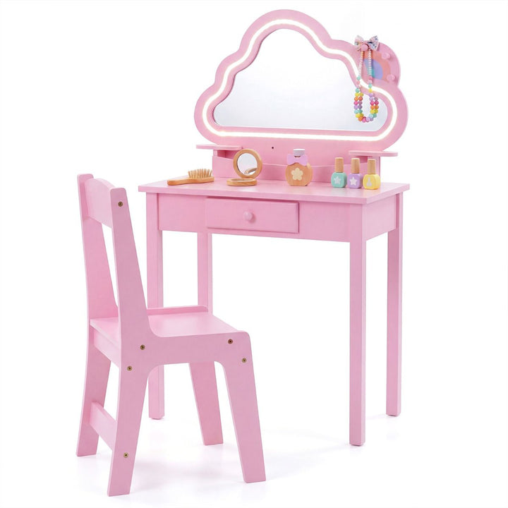 Pink kids cloud-mirror vanity and matching chair with storage drawer