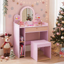 Pink vanity and stool in a festive room setting with example decorations and accessories
