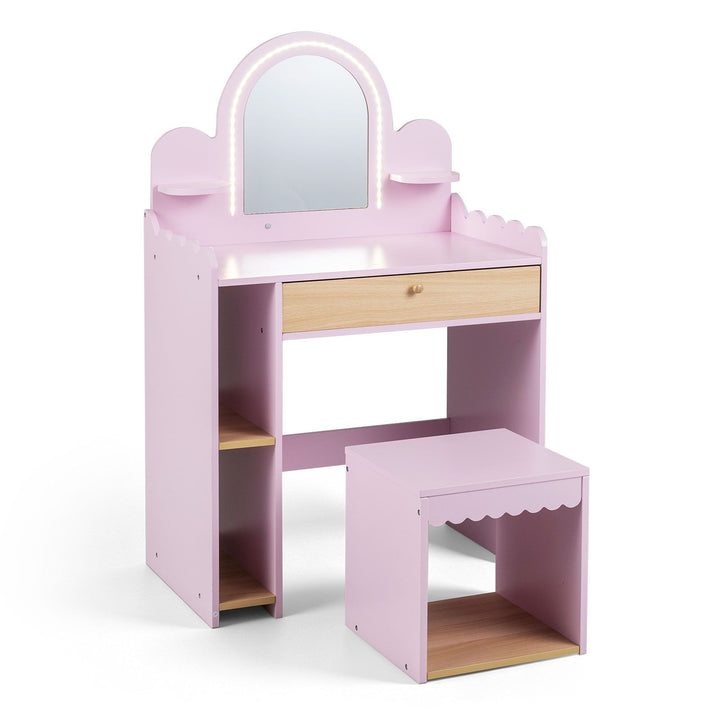 Pink and natural kids vanity with lighted arched mirror, drawer, side shelves and matching storage stool