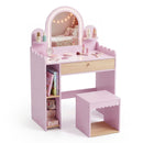 Pink and natural vanity and stool shown with example books and dressing-up accessories