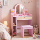 Pink lighted vanity and storage stool beside a bed in an example room setting