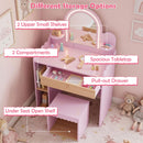 Pink vanity showing two upper shelves, two side compartments, open drawer and shelf beneath the stool