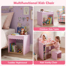 Matching pink storage stool illustrated as a seat, side table and bedside storage unit with example props