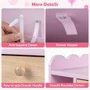 Close-ups of the vanity wall-attachment strap, drawer stopper, wooden-look handle and shaped edges