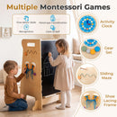 Natural tower chalkboard, clock, gears, sliding maze and shoe-lacing activities