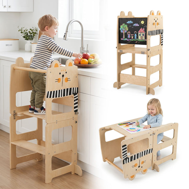 Natural kitten-design toddler tower shown in standing, chalkboard and table configurations; one convertible item