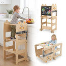 Natural kitten-design toddler tower shown in standing, chalkboard and table configurations; one convertible item