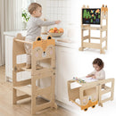 Natural fox-design toddler tower shown in standing, chalkboard and table configurations; one convertible item