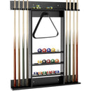 Black wall-mounted billiard cue rack; cues, balls, triangle and chalk shown are not included