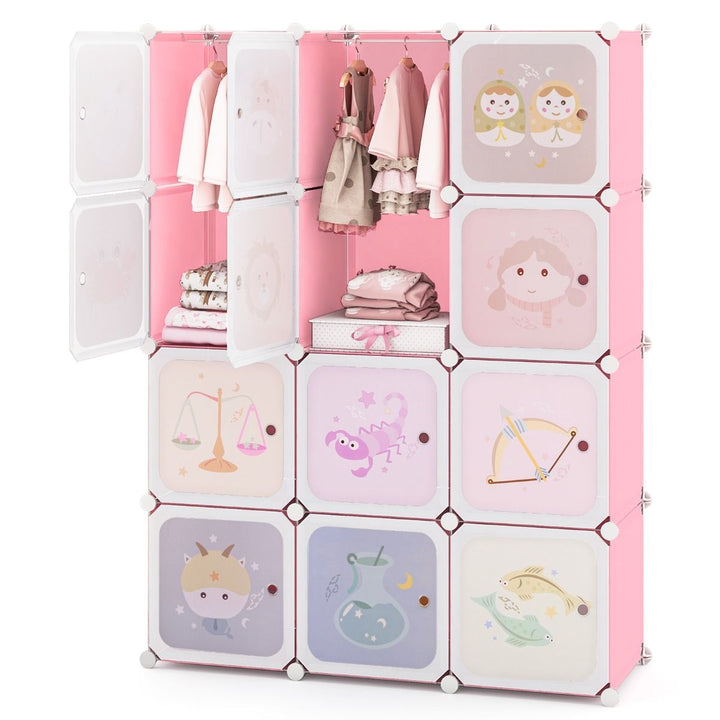 Pink modular wardrobe with illustrated doors, open hanging sections and example clothes