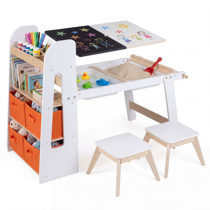Kids Art and Sensory Table with Two Stools – white set with basins and stools