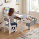 Grey and white kids art table and chair with paper roll and hanging storage bins, view 1
