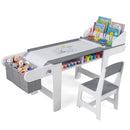 Grey and white kids art table and chair with paper roll and hanging storage bins, view 3