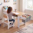 Natural and white kids art table and chair with paper roll and hanging storage bins, view 1