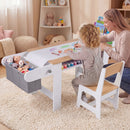 Natural and white kids art table and chair with paper roll and hanging storage bins, view 2