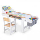 Natural and white kids art table and chair with paper roll and hanging storage bins, view 3