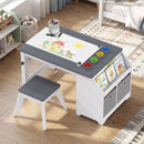 Grey and white kids art table and stool with drawing paper