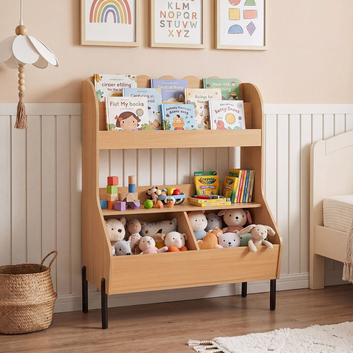 Kids Book Display and Toy Storage with Metal Legs – Natural product view 1