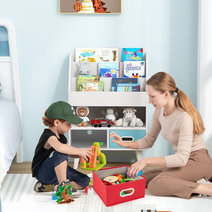 Kids Book Display with Open Shelf and Two Fabric Drawers – White product view 1