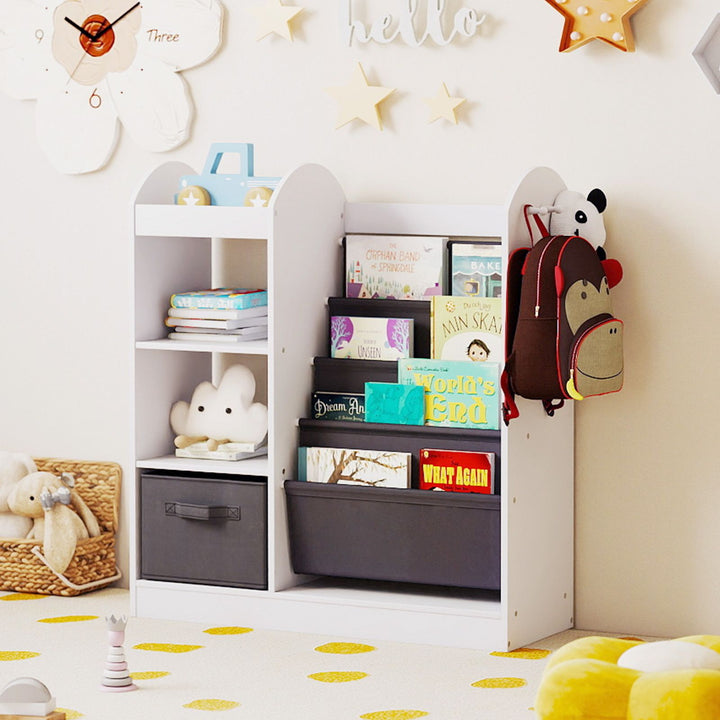Kids Bookshelf with Side Mirror and Fabric Drawer – White product view 1