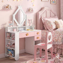 Kids Crown-Mirror Vanity and Chair with Side Shelves – Pink & White product view 1