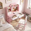 Kids Desk and Chair Set with Cork Board Hutch – pink desk with open drawers
