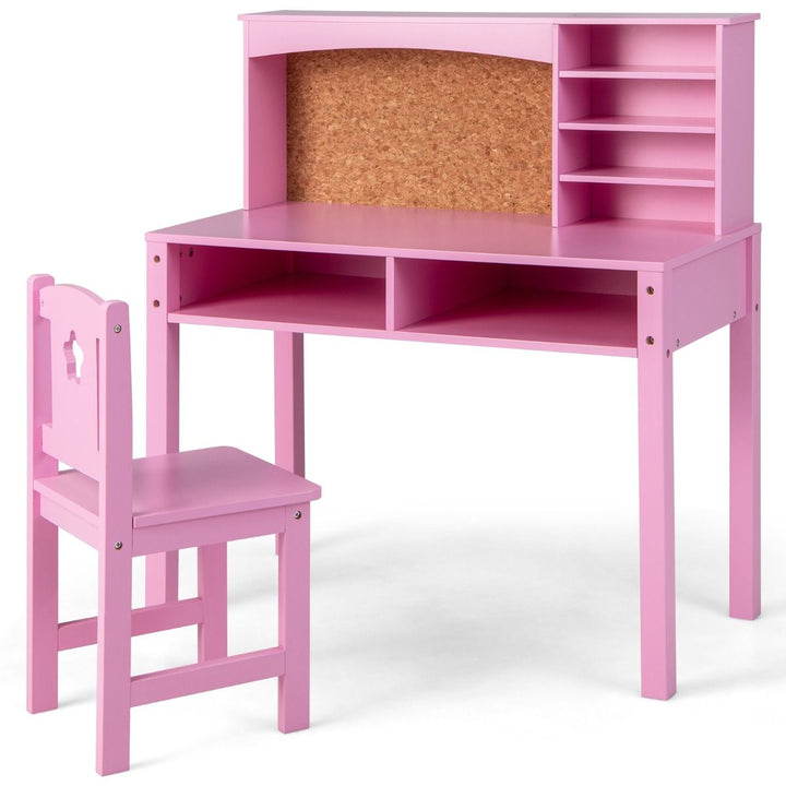 Kids Desk and Chair Set with Corkboard Hutch – Pink desk and chair hero
