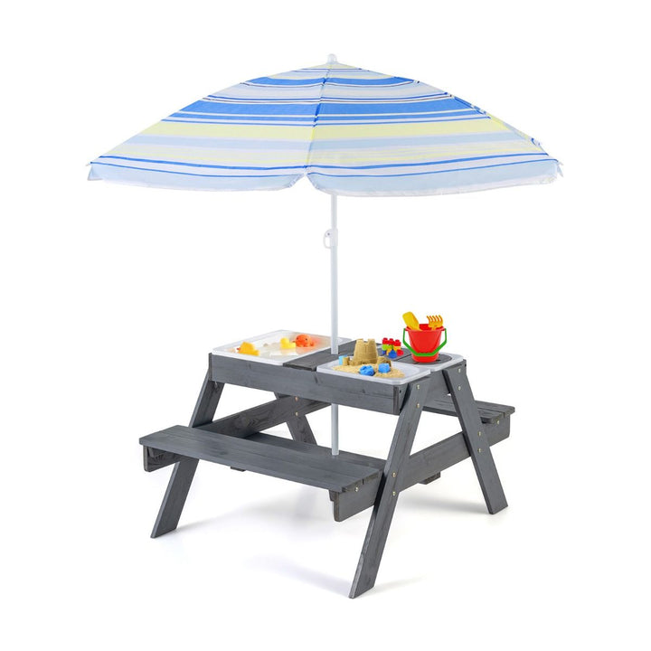 Kids Picnic Table with Three Play Bins and Umbrella – Grey view 2