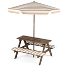 Coffee-striped umbrella and cushioned picnic table