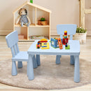 Blue kids plastic table and two-chair set: lifestyle with toy props.