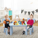 Blue kids plastic table and two-chair set: two children using the set.