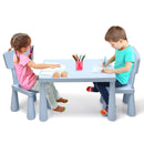 Blue kids plastic table and two-chair set: drawing activity with two chairs.