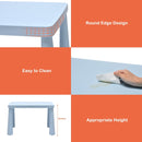 Blue kids plastic table and two-chair set: rounded edge and cleaning graphic.