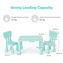 Green kids plastic table and two-chair set: dimensions and load limits.