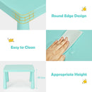 Green kids plastic table and two-chair set: rounded edge and cleaning graphic.
