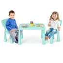 Green kids plastic table and two-chair set: two children with books on white background.