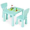 Green kids plastic table and two-chair set: alternate product angle with toy props.
