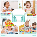 Green kids plastic table and two-chair set: everyday activity collage.