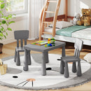 Grey kids plastic table and two-chair set: lifestyle in bedroom with toy props.