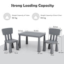 Grey kids plastic table and two-chair set: dimensions and load limits.