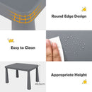 Grey kids plastic table and two-chair set: rounded edge and cleaning graphic.