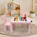 Pink kids plastic table and two-chair set: lifestyle with toy props.